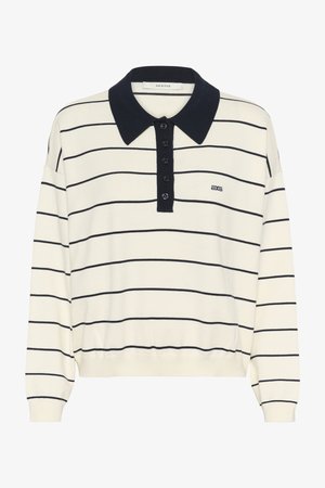 Cream and navy striped polo sweater with a collar, button placket, and elasticized hem; made from a soft knit fabric for comfort.