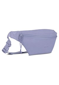 Borsetta in vita sintetica viola con design aerodinamico, dotata di scomparto con zip, tracolla regolabile e dettaglio del logo impresso.