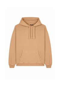 Beige Kapuzenpullover aus weichem Stoff, mit Kängurutasche und gerippten Bündchen und Saum. Das Etikett trägt die Aufschrift "MIRA PARIS."