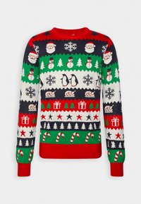 Kötött karácsonyi pulóver Mikulással, hóemberekkel, pingvinekkel és cukornáddal, sokszínű mintákkal. Piros mandzsetták és nyak; kerek nyakú dizájn.