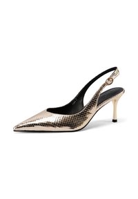 Scarpa slingback con punta a punta in faux pelle effetto serpente color oro metallizzato, con tacco sottile e interno nero elegante. Presenta un dettaglio con fibbia dorata.