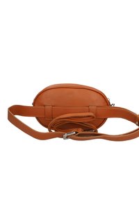 Koffiekleurige leren crossbodytas met een ovale vorm, een verstelbare schouderband en een platte voorkant. Voorzien van stikseldetails en een ritssluiting.