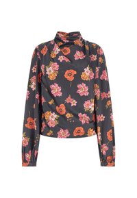 Haut gris à manches longues avec un imprimé floral composé de fleurs orange et roses, un col montant, et des manches froncées. Tissu lisse avec un léger éclat.
