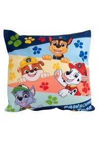 Cuscino rettangolare con cani dei cartoni animati su uno sfondo multicolore con modelli di impronta di zampa. Tessuto morbido con colori vivaci e design giocoso.
