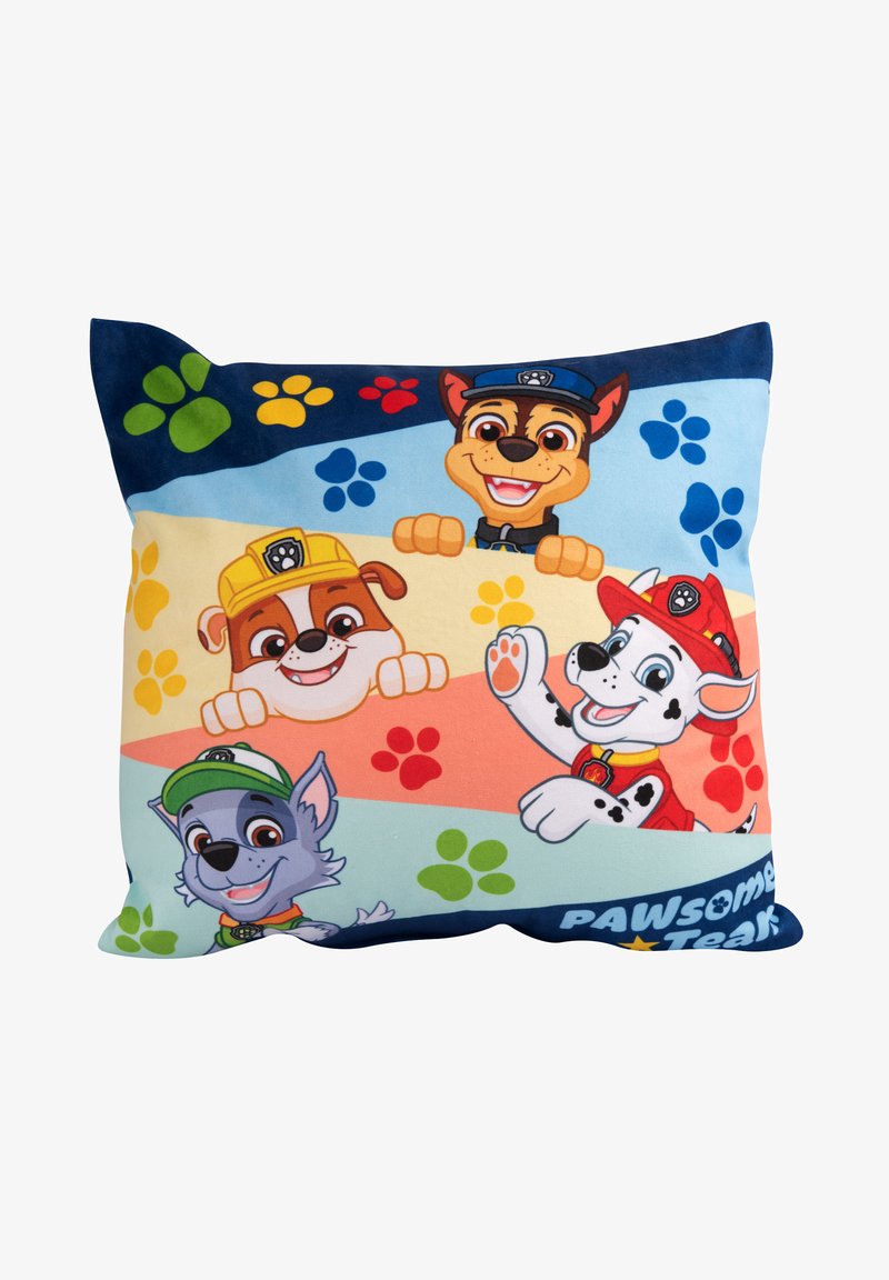 Cuscino rettangolare con cani dei cartoni animati su uno sfondo multicolore con modelli di impronta di zampa. Tessuto morbido con colori vivaci e design giocoso.