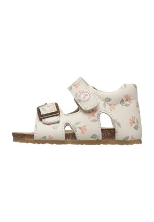 Sandalo bianco per bambini con motivo floreale rosa e verde, due cinturini regolabili e suola in sughero marrone.