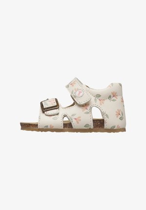 Sandale blanche pour enfants avec un motif floral rose et vert, deux brides ajustables, et une semelle en liège marron.