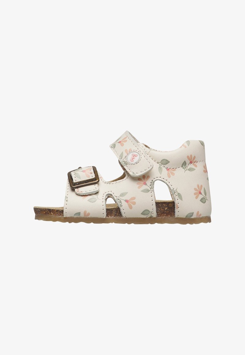 Weiße Kindersandale mit rosa und grünem Blumenmuster, zwei verstellbaren Riemen und brauner Korksohle.