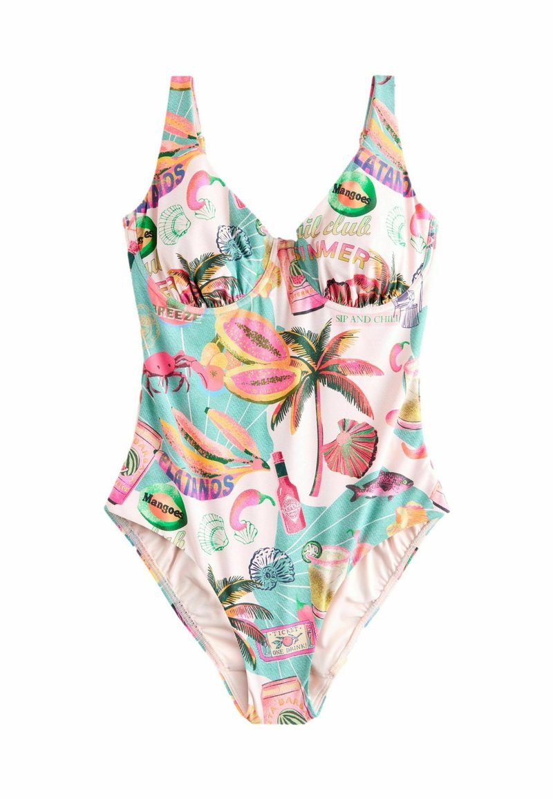 Bañador de una pieza en rosa claro con estampado tropical colorido, que incluye palmeras, frutas y gráficos con temática veraniega. Tirantes ajustables.