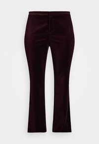 Burgundské sametové kalhoty s rozšířenými nohavicemi, hladkým povrchem, předními kapsami a přiléhavým pasem. Klasický střih vhodný na různé příležitosti.