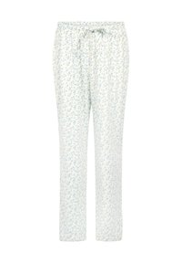 Witte pyjamabroek met een lichtblauw klein bloemenpatroon en een trekkoord in de taille, gepresenteerd tegen een witte achtergrond.