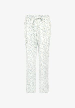 Witte pyjamabroek met een lichtblauw klein bloemenpatroon en een trekkoord in de taille, gepresenteerd tegen een witte achtergrond.