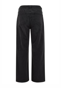 Jeans neri a gamba larga con vita alta, due tasche posteriori e una consistenza denim liscia, con cuciture a vista e una finitura pulita.