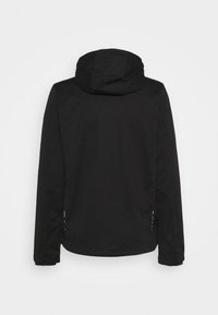 Zwarte capuchonjack, met lange mouwen en een rechte zoom. Gladde textuur met minimale accenten en contrasterende stiksels aan de zijkanten.