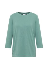 T-shirt vert menthe léger avec un col rond, des manches trois quarts, un ribbing texturé et une coupe décontractée. Aucun motif ou accent proéminent.