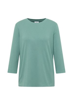 Mintgrøn, letvægts t-shirt med rund halsudskæring, 3/4 ærmer, struktureret ribbestrik og en afslappet pasform. Ingen fremtrædende mønstre eller accenter.