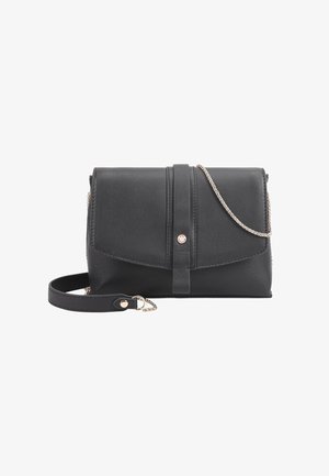 Schwarze Leder-Umhängetasche mit Klappverschluss, vertikalem Riemen mit Metallknopf sowie abnehmbarem Ketten- und Leder-Schulterriemen.