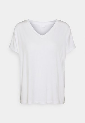 Weißes T-Shirt mit V-Ausschnitt und kurzen Ärmeln, aus weichem Stoff. Verfügt über eine lockere Passform und abgerundeten Saum sowie ein Etikett an der Innenseite des Kragens.