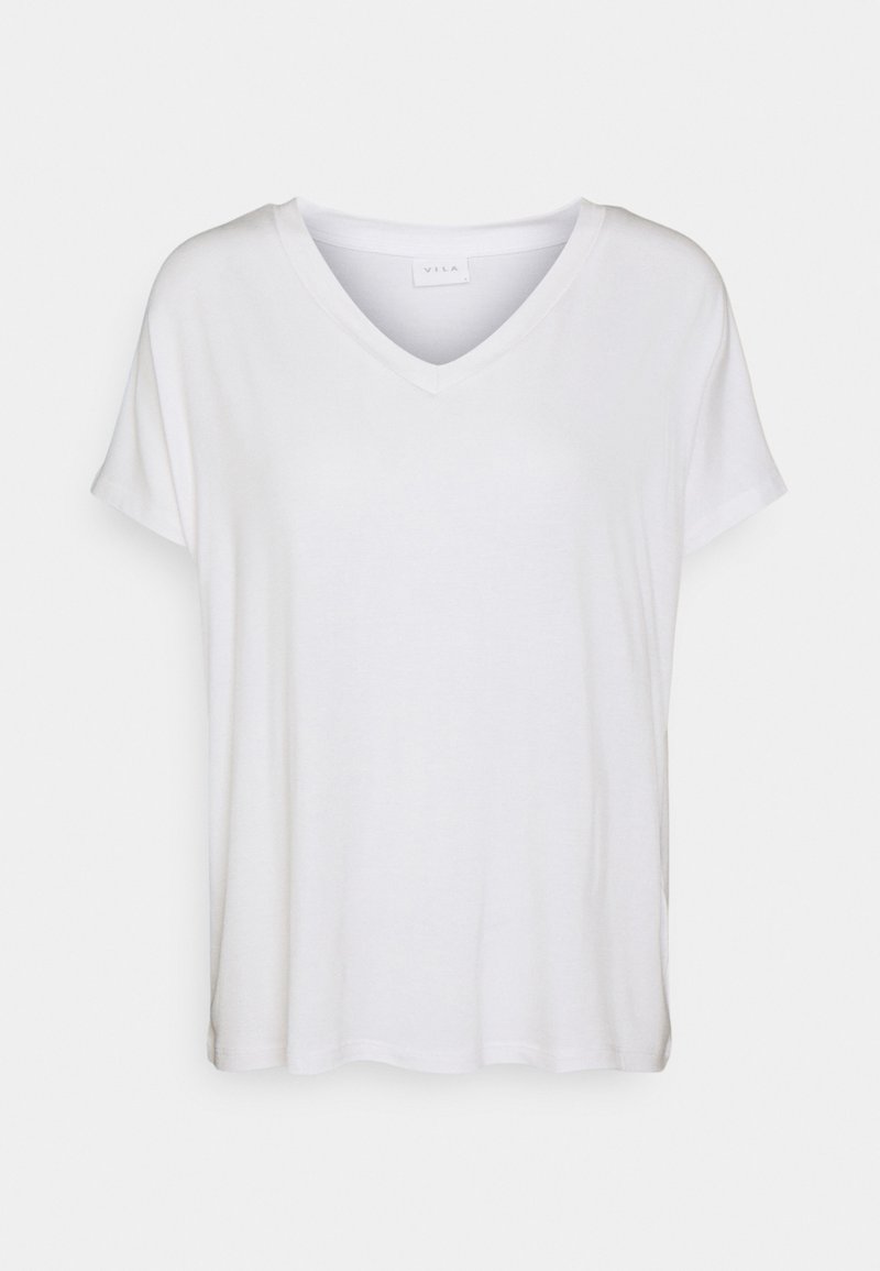 Witte V-hals T-shirt met korte mouwen, gemaakt van zachte stof. Heeft een losse pasvorm en een afgeronde zoom, met een label aan de binnenkant van de halslijn.