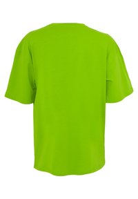 T-Shirt mit kurzen Ärmeln aus leuchtend grünem Baumwollstoff, mit einem klassischen Rundhalsausschnitt und einer lockeren Passform. Keine Muster oder Verzierungen sichtbar.