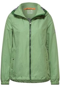 Ljusgrön zip-up jacka med huva, elastiska ärmslut och sidfickor. Tillverkad av ett slätt, lätt material med en strukturerad yta.