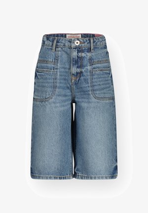 Lyseblå denimshorts med høj talje, forlommer med lapper, bæltestropper og knaplukning, mærket Vingino.