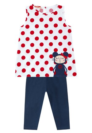Ærmeløs hvid top med røde polkaprikker og musefigur, kombineret med ensfarvede mørkeblå leggings.