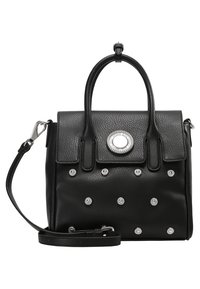 Sac à main en cuir noir avec des clous, poignée supérieure, bandoulière amovible et un accent métallique rond sur le fermoir. Surface texturée.