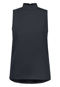 Sleeveless blouse in dark navy fabric, featuring a high neckline and a zip closure at the back. Smooth texture with a slightly loose fit.