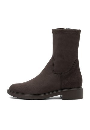 Botte en suede marron foncé, de hauteur intermédiaire, avec un bout arrondi, une fermeture éclair sur le côté, un petit talon bloc et des détails cousus le long de l'empeigne et de la semelle.