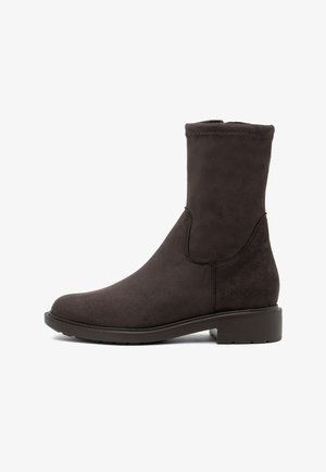 Mid-height dark brown suede boot with rounded toe, side zipper, low block heel, and stitched detailing along the upper and sole.