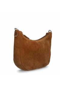 Brązowa torebka z zamszu o zaokrąglonym kształcie, z zamknięciem na zamek i podwójnym wyposażeniem po bokach. Miękka tekstura o matowym wykończeniu.