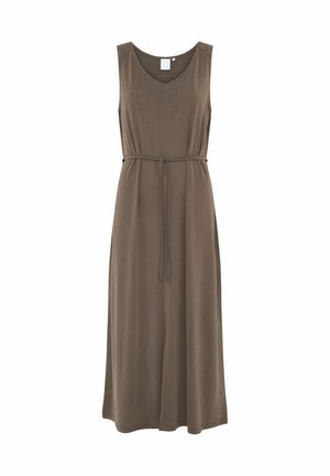 Sleeveless brown midi dress with V-neck and thin tie belt at the waist, made of soft, flowing fabric.