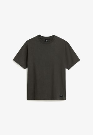 Dunkelgraues Baumwoll-T-Shirt mit Rundhalsausschnitt, kurzen Ärmeln und lockerer Passform. Enthält ein kleines Markenschild auf der linken unteren Vorderseite.