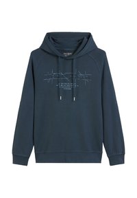 Sweat-shirt bleu marine en tissu doux, présentant un graphique avant en bleu clair. Comprend une capuche à cordon et des poignets côtelés.