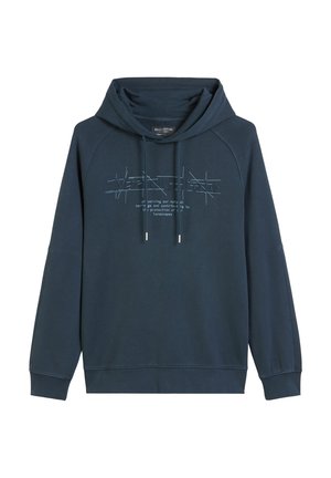 Navyblauer Hoodie aus weichem Material, mit einem Frontgrafik in Hellblau. Enthält eine Kapuze mit Kordelzug und gerippte Bündchen.
