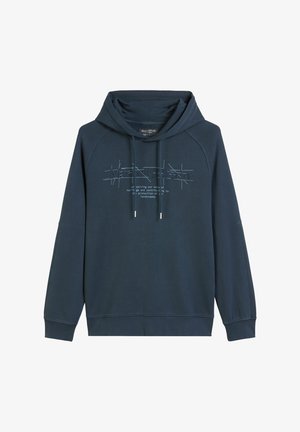 Navyblauer Hoodie aus weichem Material, mit einem Frontgrafik in Hellblau. Enthält eine Kapuze mit Kordelzug und gerippte Bündchen.