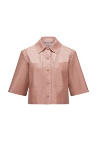 Rosa Lederjacke in verkürzter Form mit kurzen Ärmeln, Knopfverschluss, spitzem Kragen, zwei Brusttaschen und glatter Textur.