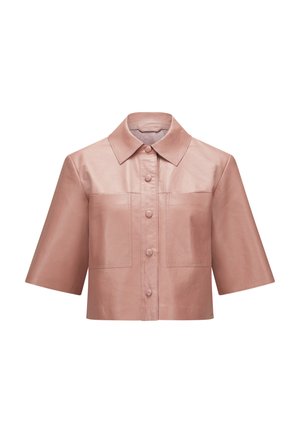 Pink leather cropped jacket with short sleeves, button front, pointed collar, two chest pockets, and smooth texture.