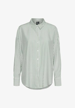 Grøn- og hvidstribet langærmet skjorte, knaplukning fortil, klassisk krave, blødt stof, buet afslutning, med manchetter med matchende striber.
