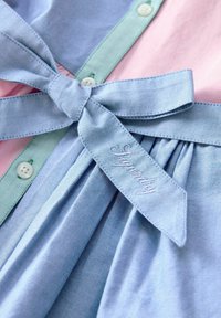  Lichtblauwe jurk met een strik in de taille, voorzien van groene en roze accenten, plooien en witte knopen. Inclusief geborduurde details op het lint.