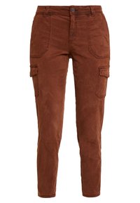 Brown cargo pants with a fitted design, made from cotton, featuring side pockets and a button closure, textured with a soft finish.