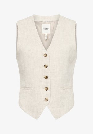 Linned väst i ljusbeige med V-ringning, fem bruna knappar och två sidofickor. Har en mjuk textur och skräddarsydd passform.