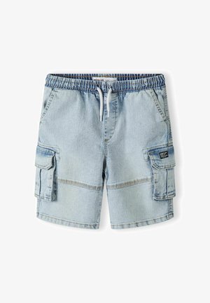 Lichtblauwe denim cargo shorts met een elastische tailleband, trekkoord, twee zijzakken en twee klepzakken op de benen.