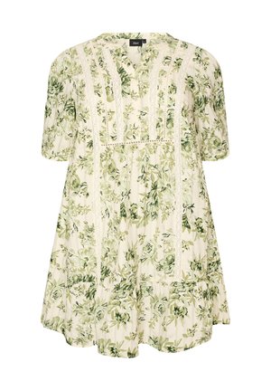 Crèmekleurige jurk met groen bloemenprint, korte pofmouwen, verticale kanten rand, geknoopte V-hals en gelaagde rok.