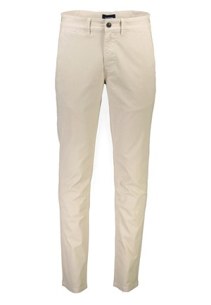 Pantaloni in cotone beige con vestibilità dritta, dotati di patta con bottone, cinque tasche e una texture liscia. Senza motivi o accenti visibili.