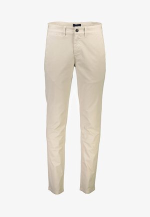 Pantaloni in cotone beige con vestibilità dritta, dotati di patta con bottone, cinque tasche e una texture liscia. Senza motivi o accenti visibili.