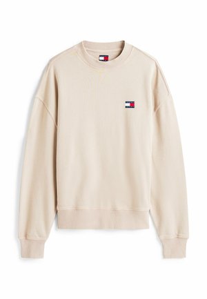 Beige crewneck sweatshirt van een katoenmix. Heeft ribgebreide manchetten en zoom, met een klein logo-opdruk op de borst. Soepele textuur.
