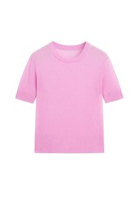Rosa kortærmet t-shirt lavet af blødt materiale med rund halsudskæring og ribbede kanter. Glat tekstur uden tydelige mønstre eller detaljer.