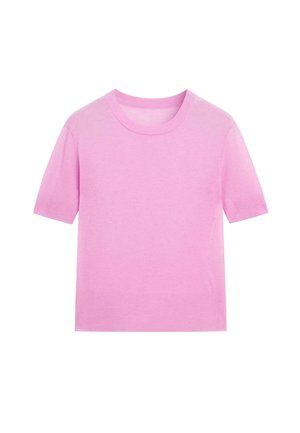 Roze t-shirt met korte mouwen, gemaakt van zacht materiaal, met een ronde halslijn en ribbelrandjes. Soepele textuur zonder duidelijke patronen of accenten.